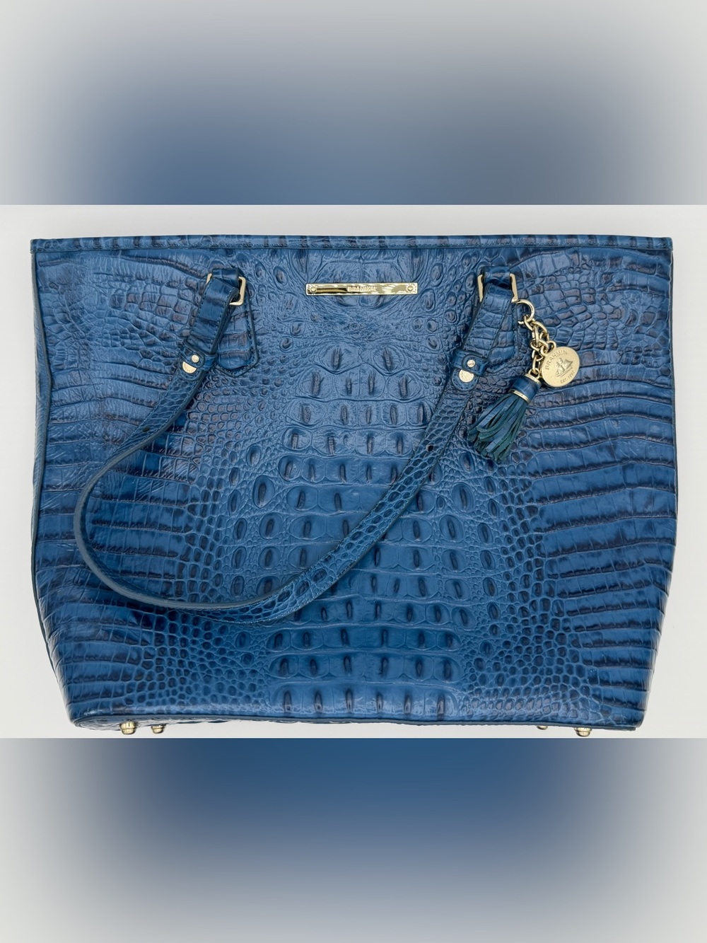 Brahmin Large Croc Embossed Leather Tote Satchel Blue Carryall Shoulder Bag